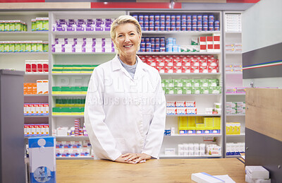 Buy stock photo Pharmacy, smile and portrait of woman at counter in drugstore, happy customer service and advice in medicine. Prescription drugs, pharmacist and inventory of pills and medicine at checkout in store.