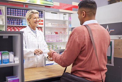 Buy stock photo Pharmacist, doctor and customer for medicine in store with mockup stock for healthcare. Woman and man talking for advice on pills or Pharma product for medical retail service, health and wellness