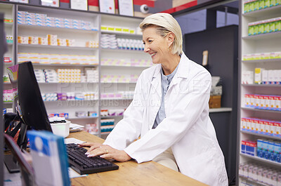Buy stock photo Pharmacy, computer database and senior woman pharmacist working of medicine research. Pharmaceutical data, typing and healthcare employee smile checking online information for medical prescription