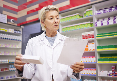 Pharmacist, woman and medicine prescription paper in store with mockup stock on shelf for healthcare. Doctor in pharmacy reading info on Pharma product box for medical service, wellness and health