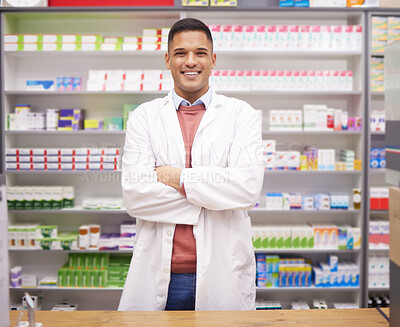 Buy stock photo Pharmacy, smile and confidence, portrait of man at drugstore counter, customer service and medical advice in Brazil. Prescription drugs, pharmacist and inventory of pills and medicine at checkout.