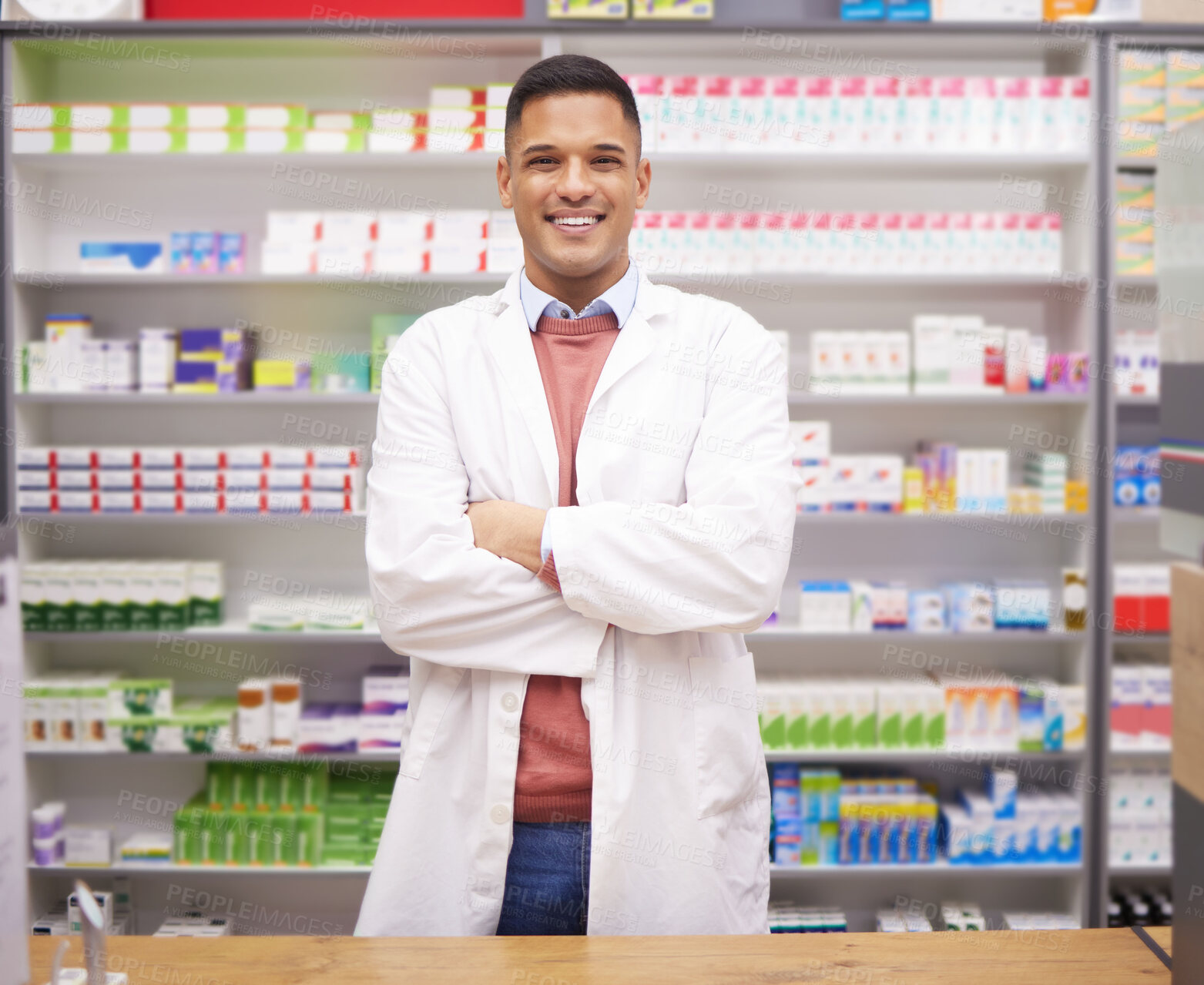Buy stock photo Pharmacy, smile and confidence, portrait of man at drugstore counter, customer service and medical advice in Brazil. Prescription drugs, pharmacist and inventory of pills and medicine at checkout.