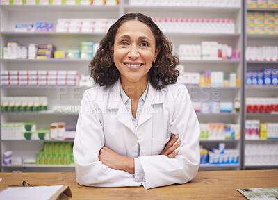 Buy stock photo Pharmacy, smile and confidence, portrait of woman at drugstore counter, customer service and medical advice in Brazil. Prescription drugs, pharmacist and inventory of pills and medicine at checkout.