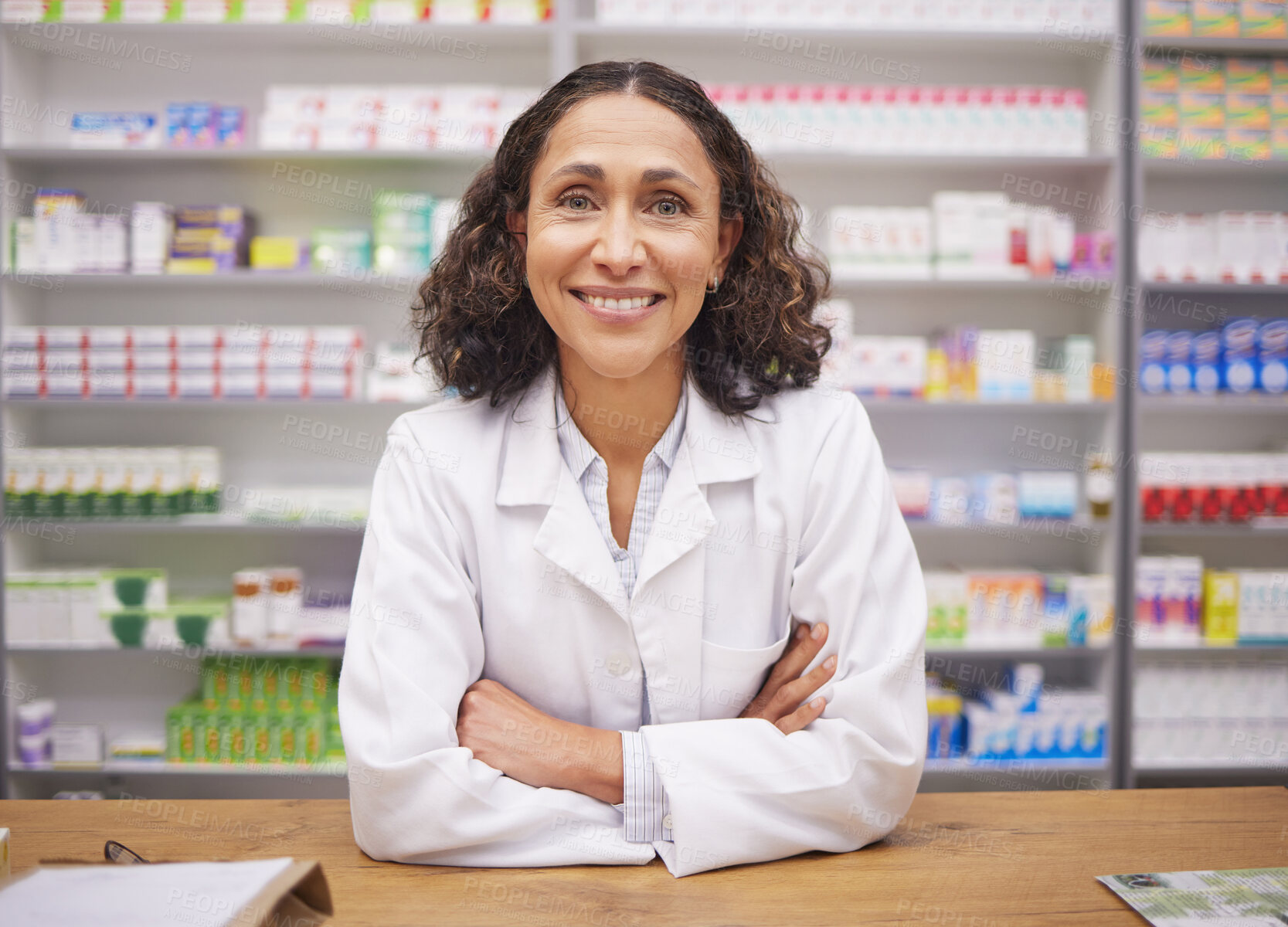 Buy stock photo Pharmacy, smile and confidence, portrait of woman at drugstore counter, customer service and medical advice in Brazil. Prescription drugs, pharmacist and inventory of pills and medicine at checkout.