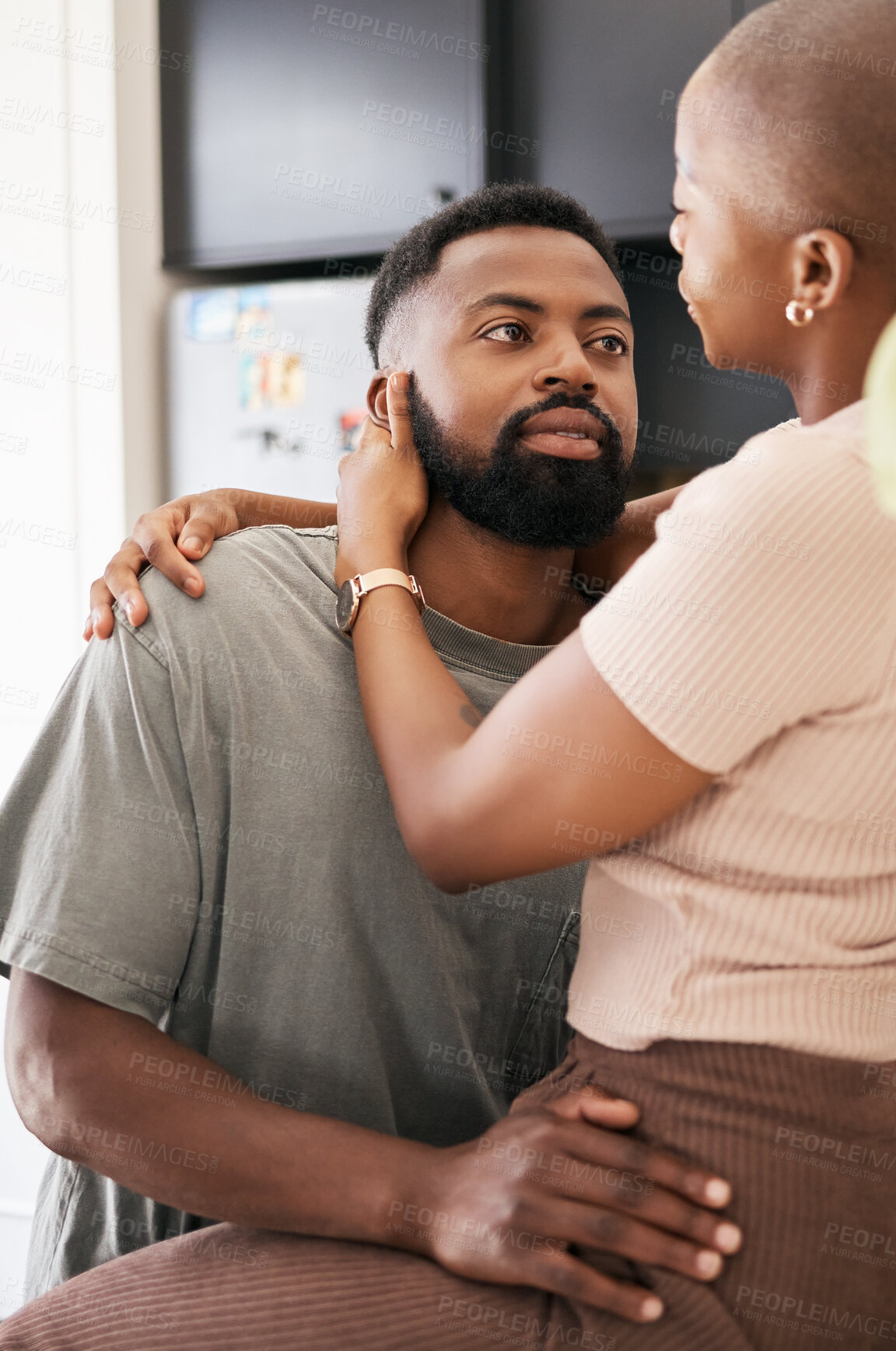 Buy stock photo Kitchen, love and black couple hugging in their home with care, support and comfort in the morning. Intimacy, affection and young African man and woman embracing with romance in their modern house.