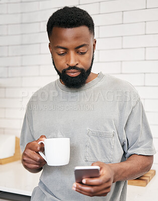 Buy stock photo Black man, smartphone and coffee in home, morning and reading notification, social media post and connection. Guy, house and cup of drink with mobile app, technology and relax to search internet web