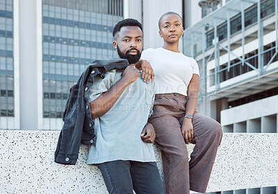 Buy stock photo City, urban fashion and portrait of black couple with love, care and date together. Cool street style of young man, woman and people in relationship to relax outdoor for freedom at town buildings 