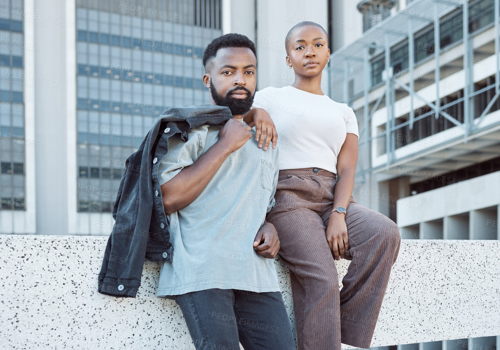 Buy stock photo City, urban fashion and portrait of black couple with love, care and date together. Cool street style of young man, woman and people in relationship to relax outdoor for freedom at town buildings 