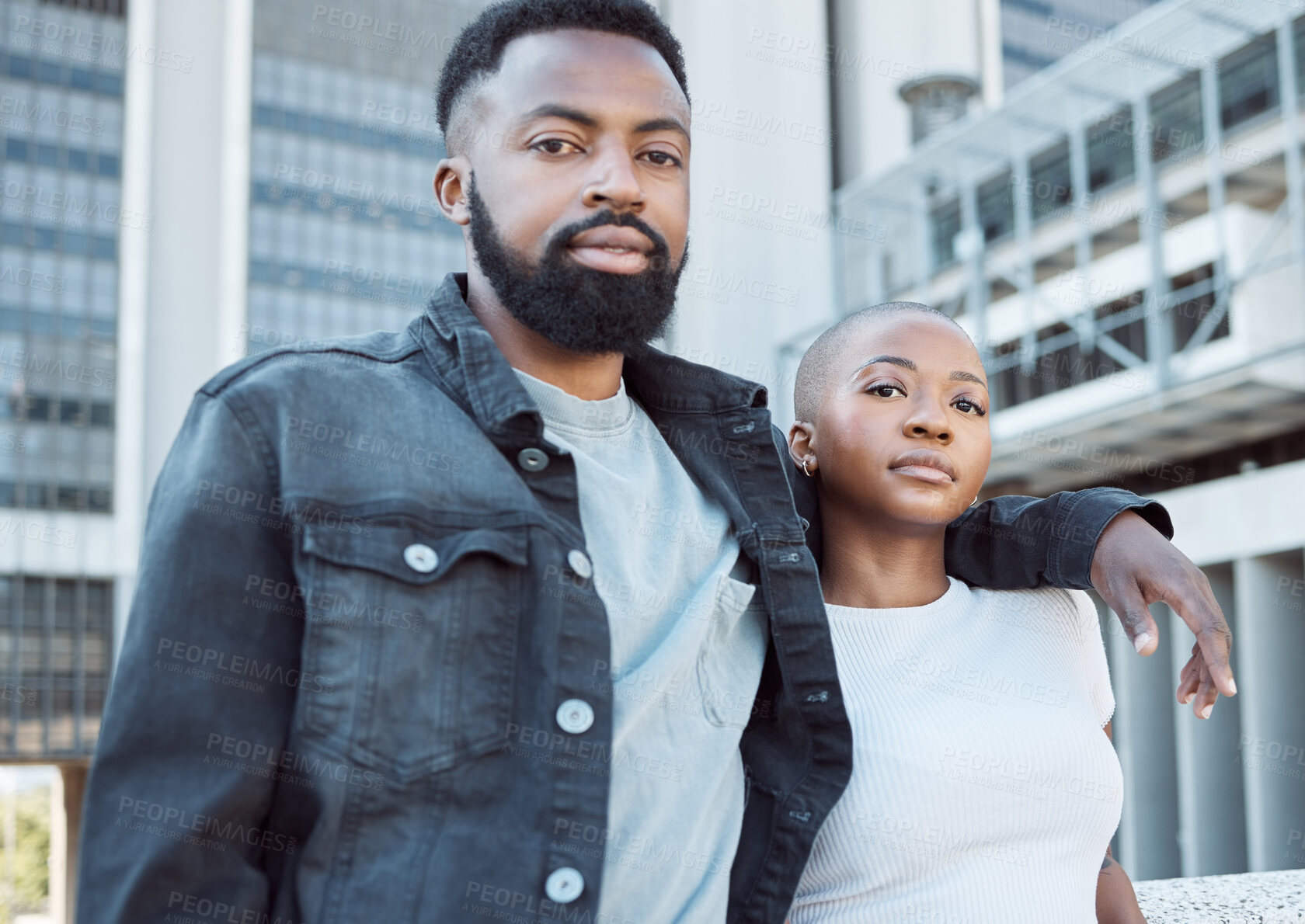 Buy stock photo Black couple, love portrait and hug in city, street or outdoors while bonding on valentines day. Serious romance, cool fashion or stylish young man and woman enjoying date with attitude in urban town