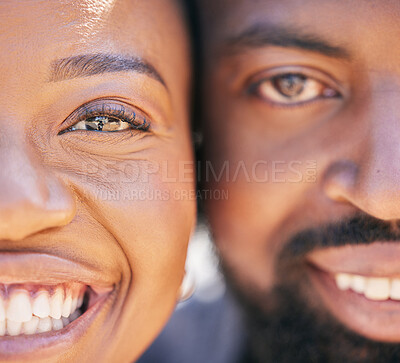 Buy stock photo Love, zoom and portrait of happy black couple with smile on face and romantic date for valentines day. Happiness, romance and man and woman smiling together in close embrace and loving relationship.