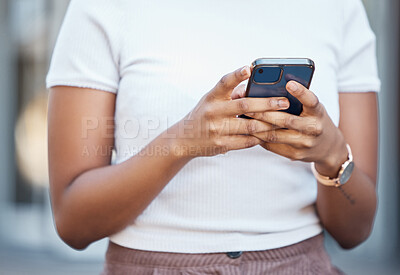 Buy stock photo Hands, phone and communication in the city for social media, texting or chatting in the outdoors. Hand on smartphone typing, talking or online browsing the internet with 5G connection in urban town