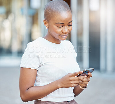 Buy stock photo Black woman, phone and smile in the city for social media, texting or chatting in the outdoors. Happy African American female on smartphone typing, talking and smiling for 5G connection in urban town