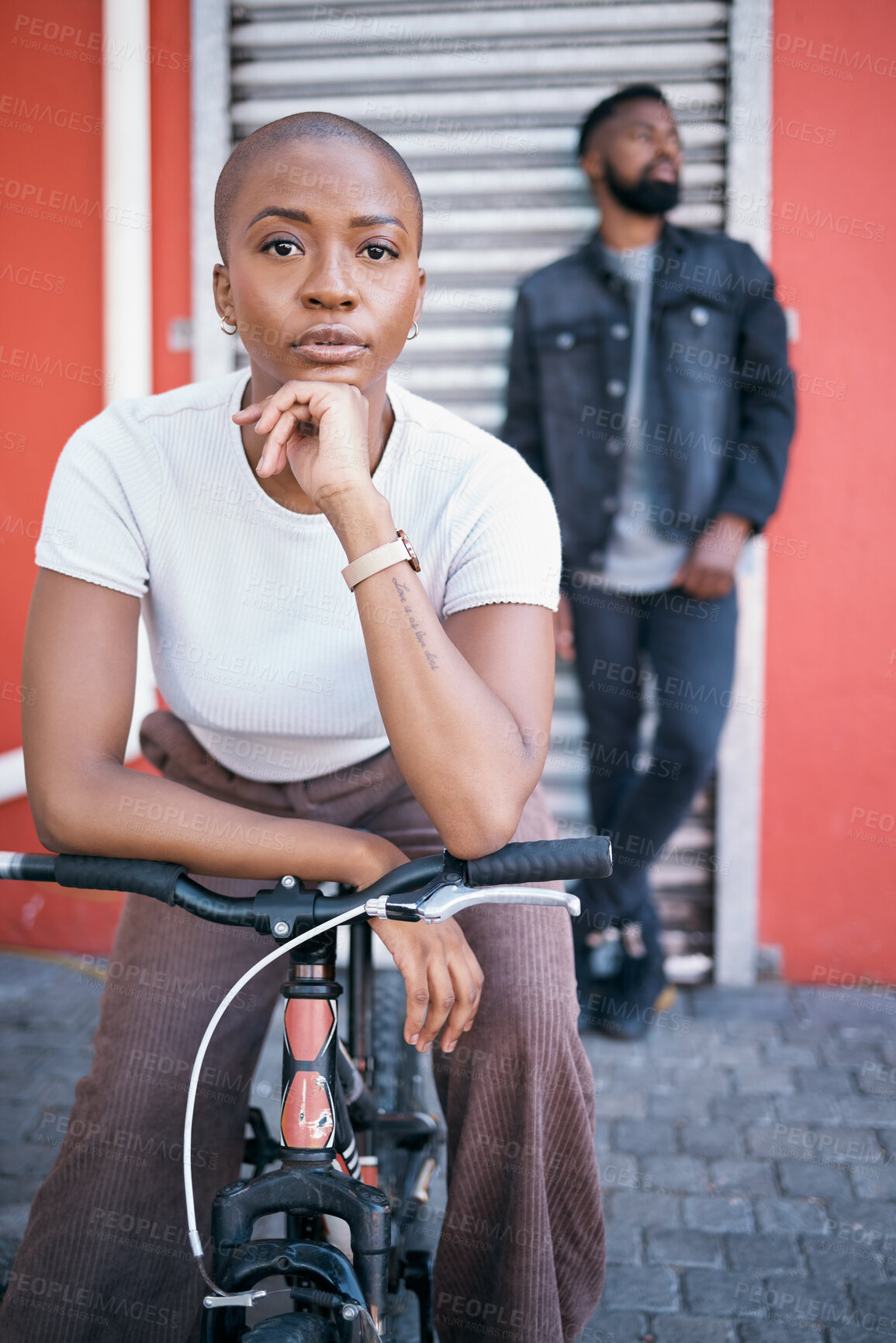 Buy stock photo Bicycle, portrait and couple of friends for city travel, streetwear fashion and urban gen z lifestyle. Face of a confident black woman or cool people with a bike in urban sidewalk for youth cycling