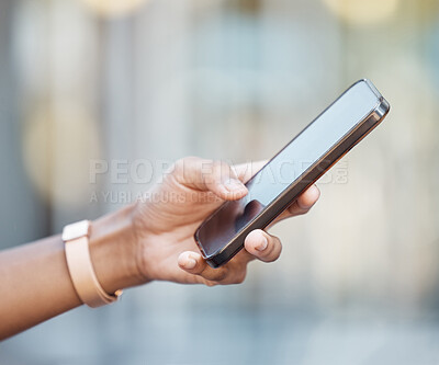 Buy stock photo Hands, phone and typing for communication in the city, social media, texting or chatting in the outdoors. Hand on smartphone talking or online browsing, internet with 5G connection in town on mockup