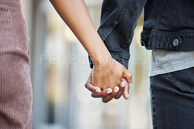 Buy stock photo Couple, holding hands and love outdoor for care, support and trust in relationship commitment. Closeup hand of man, woman and walking people together on date, freedom and relax with partner on travel