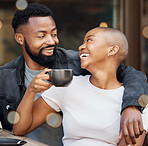 Black couple, coffee and smile for date at cafe, bonding or hug spending quality time together. Happy African American man and woman relaxing, hugging or smiling for good drink and love at restaurant