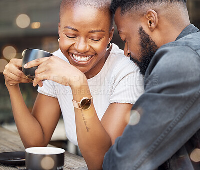 Buy stock photo Love, black couple and affection in cafe, happiness and relationship with celebration, Valentines day and romance. Romantic, man and woman in coffee shop, loving and bonding while on dating and happy