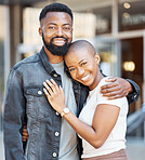 Black couple, portrait and hug in city for love, care and happiness on date together in Nigeria. Happy man, woman and partner in urban street, road and outdoor for trust, support and relax with smile