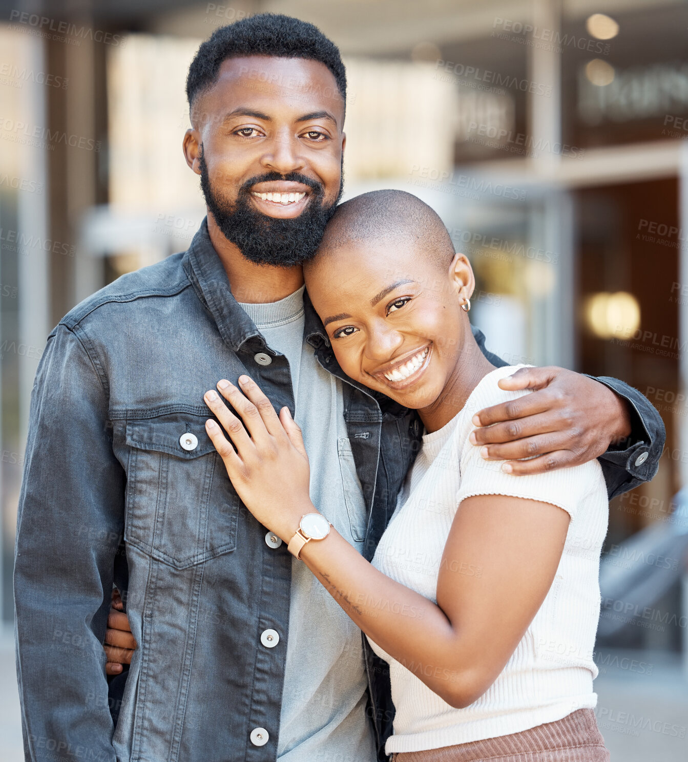 Buy stock photo Black couple, portrait and hug in city for love, care and happiness on date together in Nigeria. Happy man, woman and partner in urban street, road and outdoor for trust, support and relax with smile