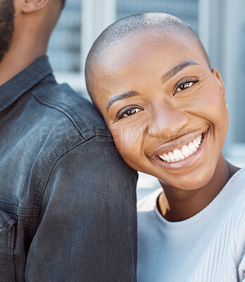 Buy stock photo Black woman, face and smile with on date in city with love, care and happiness in Nigeria. Happy african girlfriend, portrait and hug partner of couple in urban street for freedom, outdoor and relax