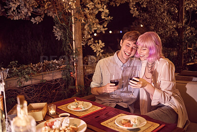 Buy stock photo Couple at dinner, celebration at restaurant with fine dining, wine and food with love and anniversary and young people. Happiness, eating and care in relationship with commitment and partnership