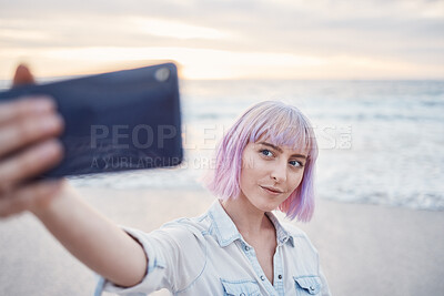 Buy stock photo Woman, beach and selfie for profile picture, vlog or social media post on holiday vacation in nature. Female vlogger or influencer with smile for photo memory at the ocean coast in summer break