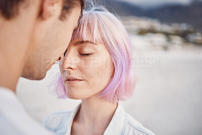 Buy stock photo Couple in beach, hug and love outdoor with people in relationship, commitment and care with mockup space. Face, eyes closed and comfort with support, trust and respect, loyalty and forehead touch