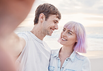 Buy stock photo Happy, love and selfie with couple at the beach for bonding, social media and relax on vacation. Travel, smile and picture with man and woman on holiday for affectionate, anniversary and date