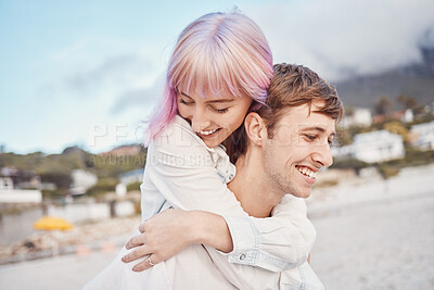Buy stock photo Love, beach and piggy back, couple on date for valentines day, ocean fun and romantic embrace at sunset. Romance, happiness and smile, gen z woman and man on tropical valentine holiday in Indonesia.