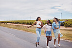 Freedom, mockup and friends on the street during summer for summer vacation or holiday together. Road, sky or fun and a female friend group feeling happy with a smile outdoor on asphalt for bonding