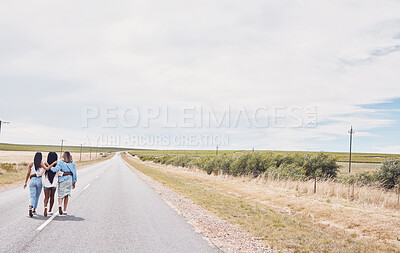Buy stock photo Girl friends, road trip and street walking of girls back on a vacation adventure with mockup. Countryside, travel and holiday freedom of women together on walk break in summer together feeling free