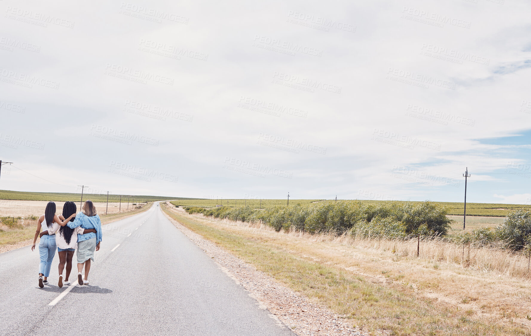 Buy stock photo Girl friends, road trip and street walking of girls back on a vacation adventure with mockup. Countryside, travel and holiday freedom of women together on walk break in summer together feeling free