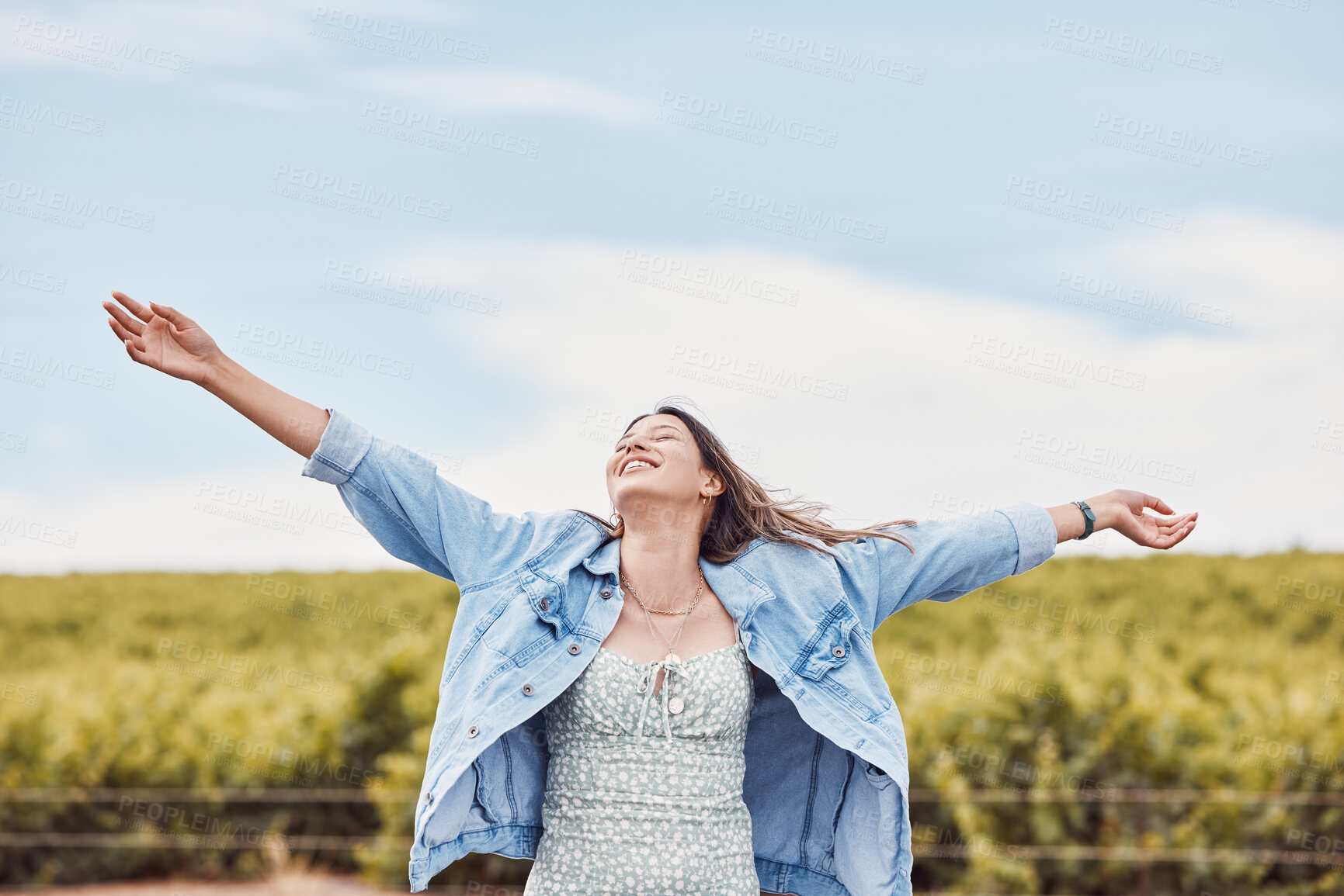 Buy stock photo Happy, freedom and smile with woman in nature for peace, relax and youth with blue sky mockup. Journey, adventure and happiness with girl enjoying outdoors for summer break, vacation and holiday