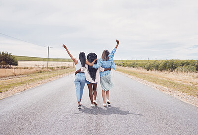 Buy stock photo Girl friends, road trip celebration and walking of girls back on a vacation adventure with mockup. Countryside, travel and holiday freedom of women together on walk break in summer feeling free