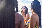 Summer, friends and women laugh at beach enjoying spring break vacation, holiday and weekend together. Friendship, travel and happy girl group on tropical adventure, freedom and relaxing by ocean