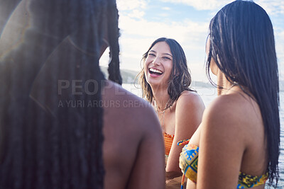 Buy stock photo Summer, friends and women laugh at beach enjoying spring break vacation, holiday and weekend together. Friendship, travel and happy girl group on tropical adventure, freedom and relaxing by ocean