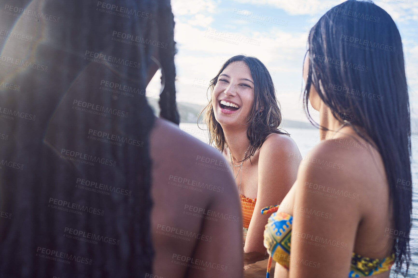 Buy stock photo Summer, friends and women laugh at beach enjoying spring break vacation, holiday and weekend together. Friendship, travel and happy girl group on tropical adventure, freedom and relaxing by ocean