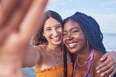 Buy stock photo Selfie, hug and portrait of friends at beach for vacation, bonding and travel in Miami. Friendship, freedom and women hugging for a photo on an influencer holiday and live streaming from the ocean