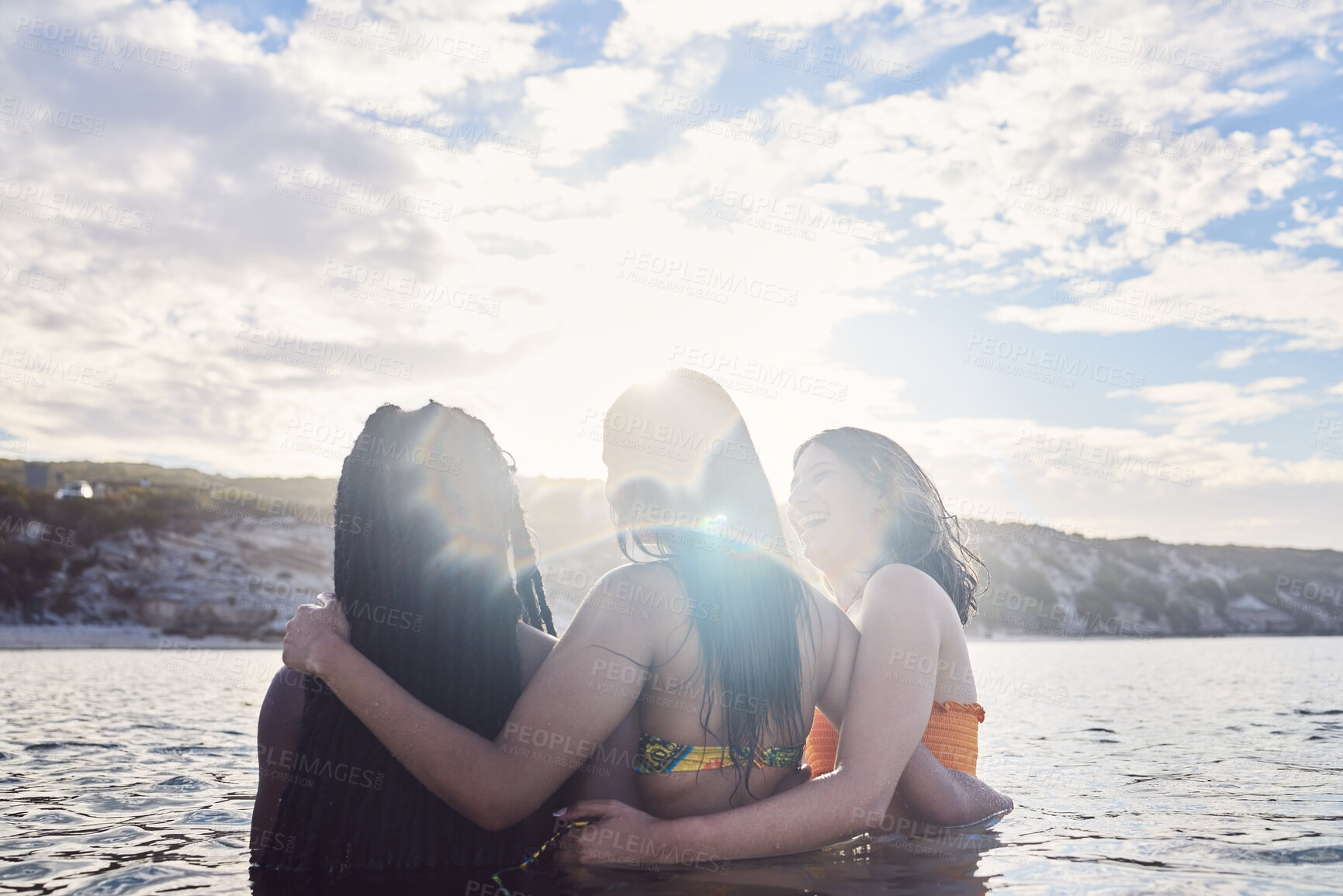 Buy stock photo Back, friends and women in ocean, happiness and summer break for fun, relax and joyful together. Support, females or ladies with smile, seaside vacation or holiday for reunion, celebration or bonding