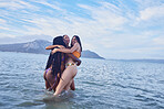 Sea, mockup and woman friends hugging outdoor together in nature during summer vacation or holiday. Beach, water or sky with a female friend group wet in the ocean during a hug for happy bonding