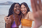 Selfie, hug and portrait of friends at the sea for vacation, bonding and travel in Miami. Friendship, laughing and women hugging for a photo on an influencer holiday and live streaming from the beach