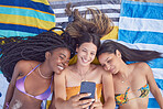 Beach selfie, girl friends and happiness by the sea lying on a towel feeling freedom with a smile. Summer, students and girls in Miami taking profile picture for social media in summer at ocean 