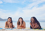 Happy, smile and portrait with friends on beach for travel, diversity and summer break with blue sky mockup. Sunbathing, peace and tropical with group of women on vacation for relax, freedom and sea