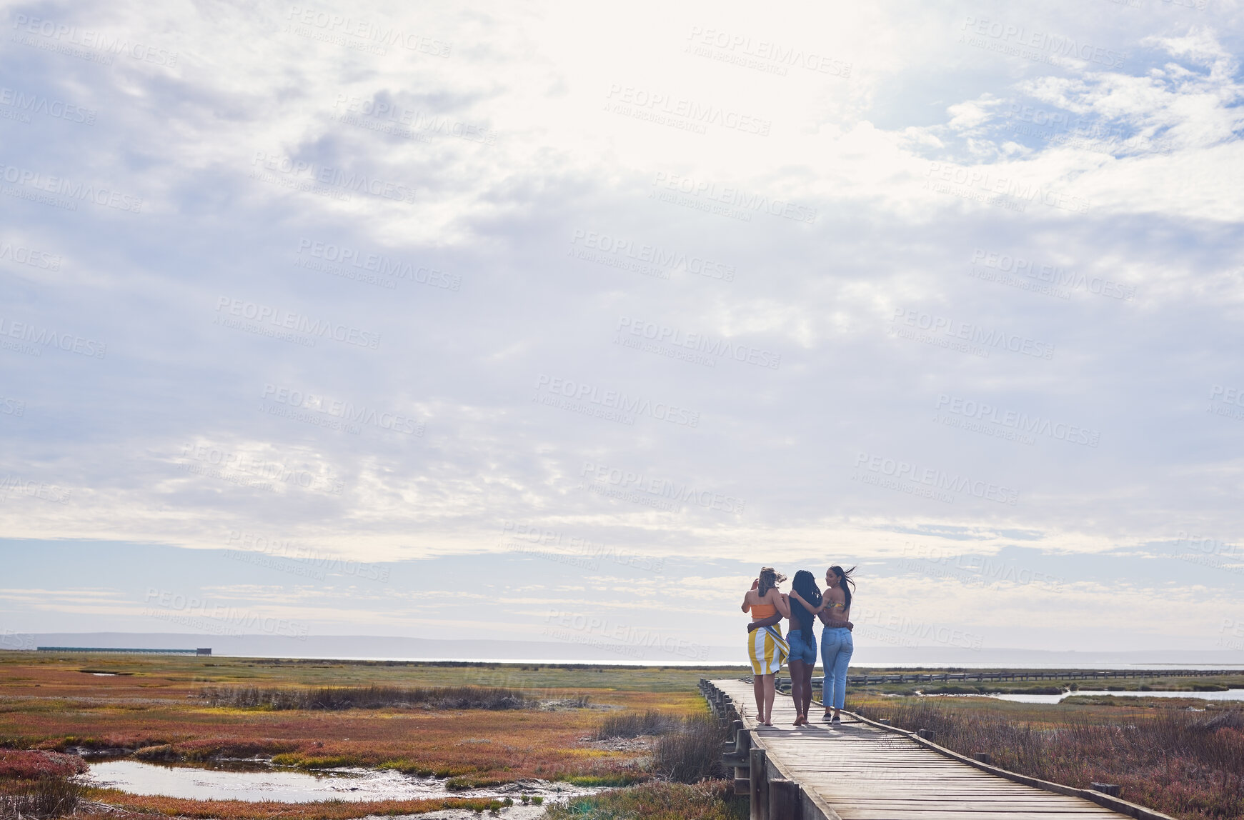 Buy stock photo Travel, friends and women walking while on a vacation, adventure or outdoor journey in nature. Freedom, bonding and female best friends on a walk while on a holiday or weekend trip in the countryside