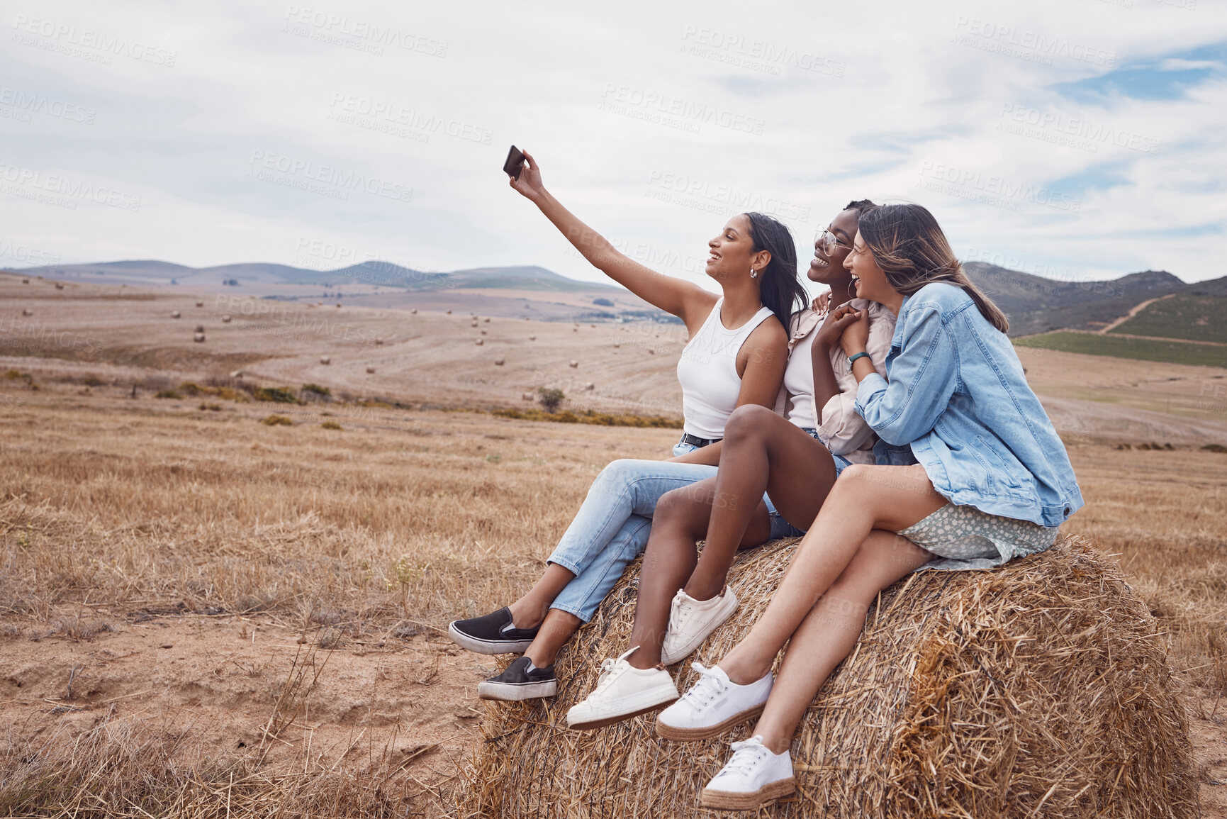 Buy stock photo Selfie, bonding and friends in the countryside for holiday, live streaming travel and location. Freedom, happy and women with 5g connection and a photo for memory during a vacation in Portugal