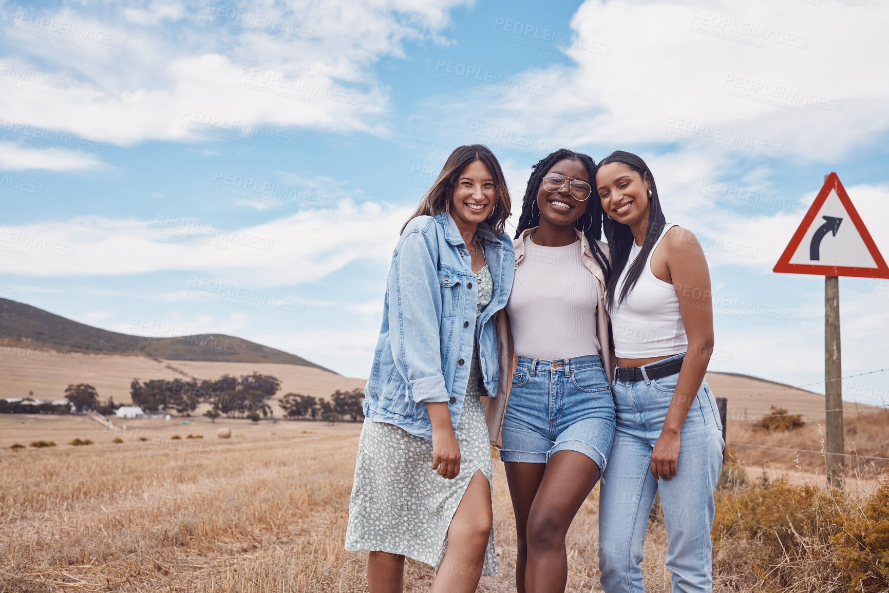 Buy stock photo Portrait, travel and women friends in nature, having fun and enjoying time outdoors. Vacation, freedom and group of happy girls or females in countryside park, smile and bonding on holiday journey.