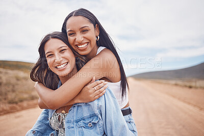 Buy stock photo Portrait, hugging and friends on a road trip with mockup on a dirt path outdoor in nature for adventure together. Desert, freedom or hug with a young woman and friend outside for summer travel