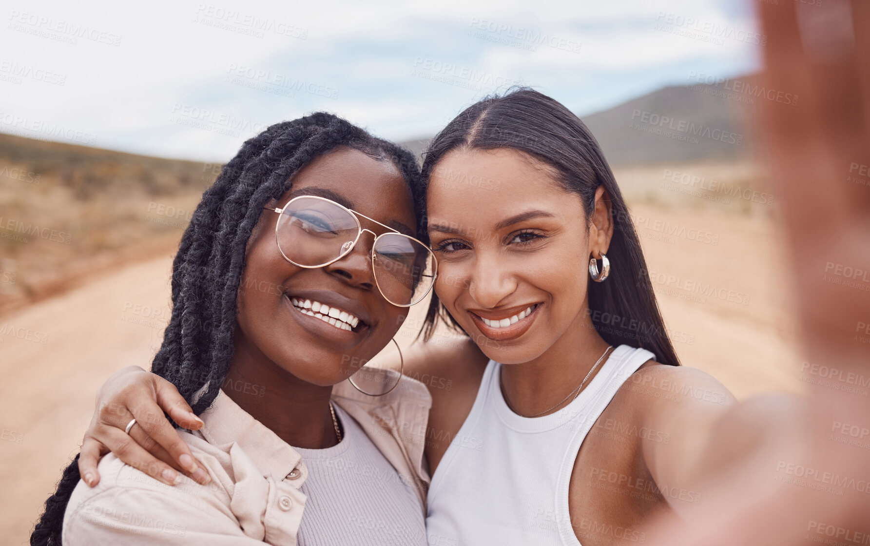 Buy stock photo Black woman, friends and portrait for selfie, travel or holiday journey adventure in safari together. Happy women smile for photo memories, online post or profile picture on vacation in the outdoors