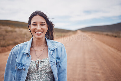 Buy stock photo Woman, portrait smile and countryside travel for holiday break, vacation or road adventure journey in the outdoors. Happy female traveler smiling for fun traveling in joy for outing in dessert safari