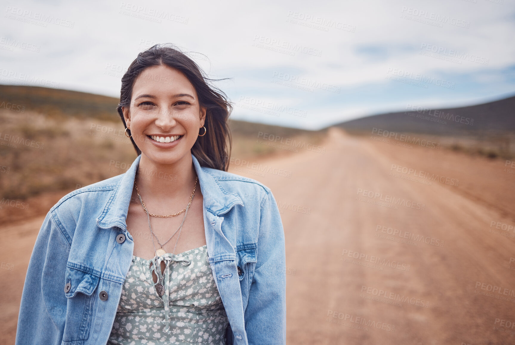 Buy stock photo Woman, portrait smile and countryside travel for holiday break, vacation or road adventure journey in the outdoors. Happy female traveler smiling for fun traveling in joy for outing in dessert safari